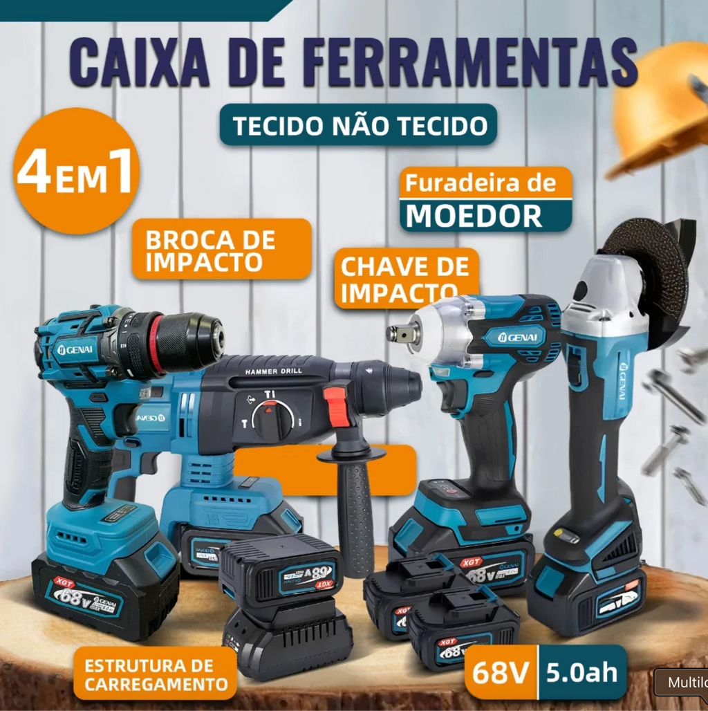 (1 ANO DE GARANTIA) Kit de ferramentas 4 em 1 Furadeira, Chave de fenda/Chave de impacto/Amolador/Martelo 2 baterias de 21 V Caixa - GENAI