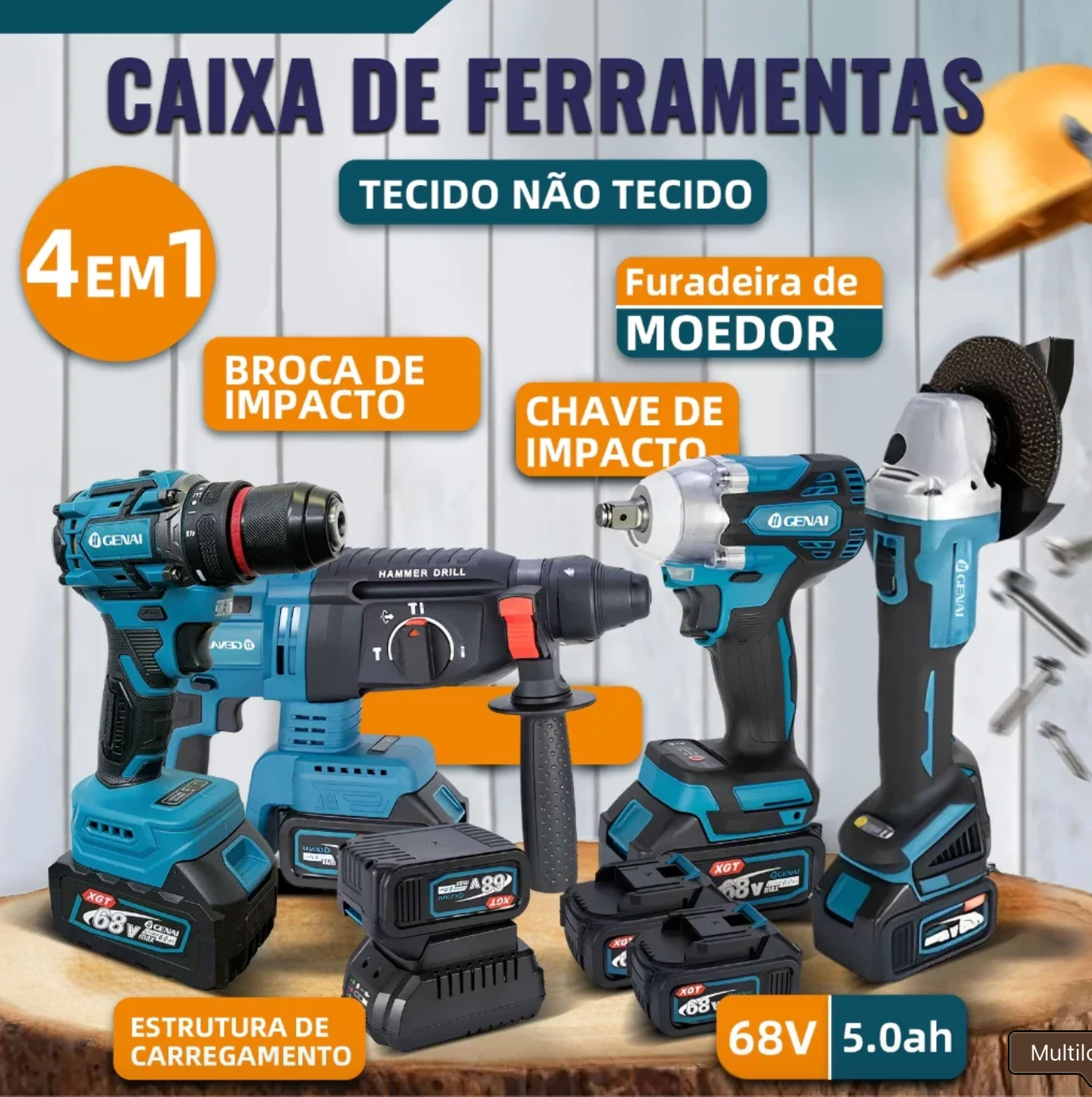 (1 ANO DE GARANTIA) Kit de ferramentas 4 em 1 Furadeira, Chave de fenda/Chave de impacto/Amolador/Martelo 2 baterias de 21 V Caixa - GENAI