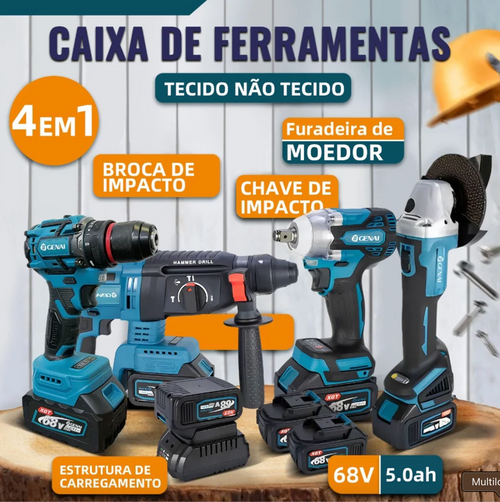 (1 ANO DE GARANTIA) Kit de ferramentas 4 em 1 Furadeira, Chave de fenda/Chave de impacto/Amolador/Martelo 2 baterias de 21 V Caixa - GENAI