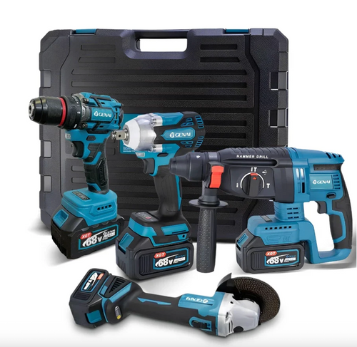 (1 ANO DE GARANTIA) Kit de ferramentas 4 em 1 Furadeira, Chave de fenda/Chave de impacto/Amolador/Martelo 2 baterias de 21 V Caixa - GENAI