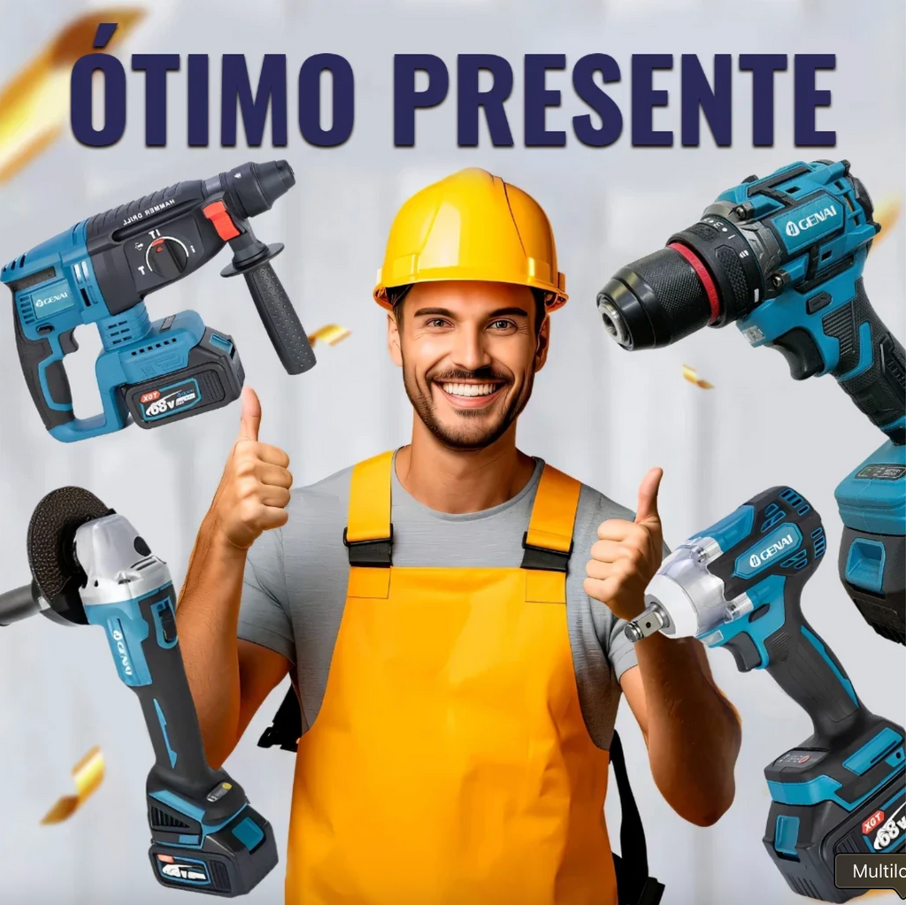 (1 ANO DE GARANTIA) Kit de ferramentas 4 em 1 Furadeira, Chave de fenda/Chave de impacto/Amolador/Martelo 2 baterias de 21 V Caixa - GENAI