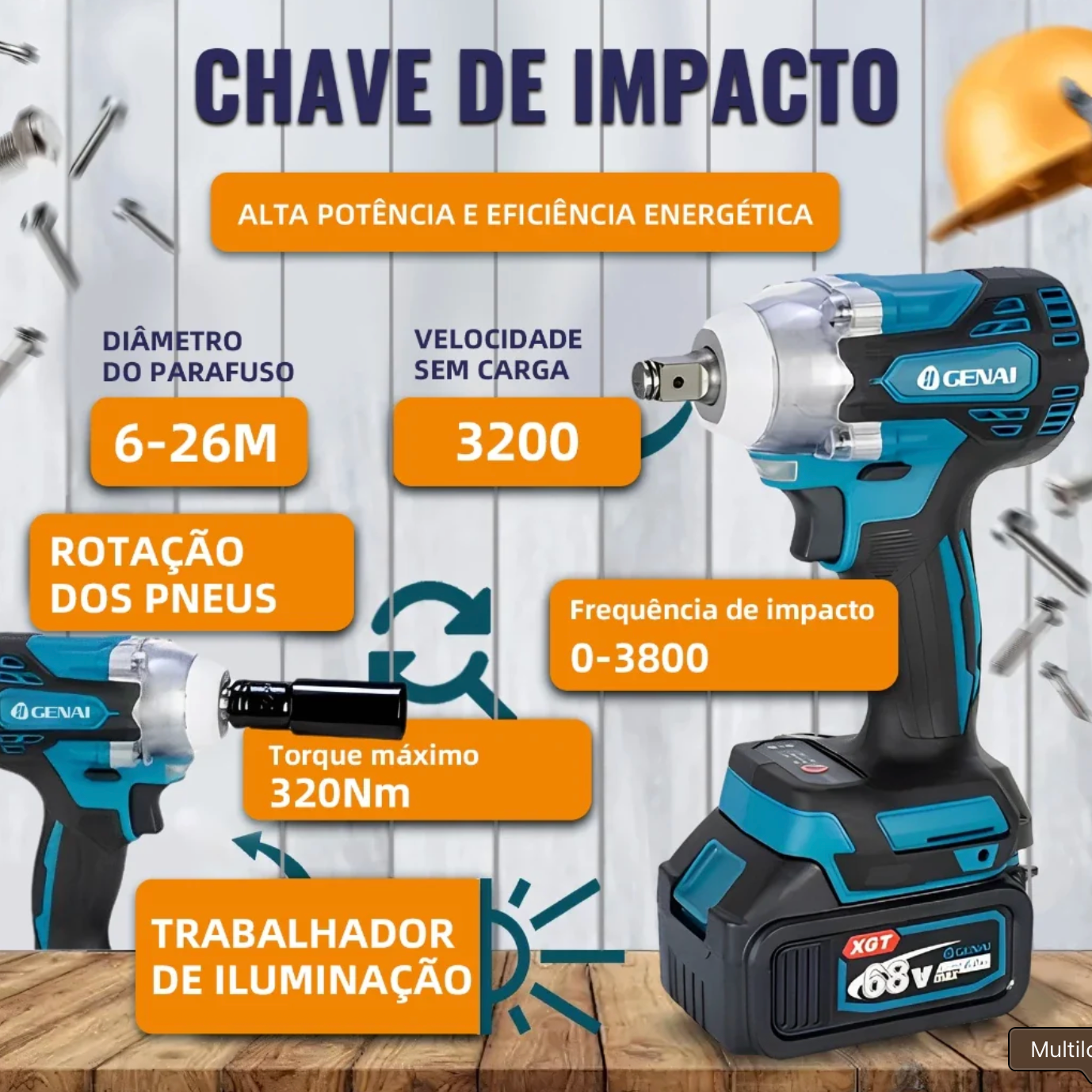 (1 ANO DE GARANTIA) Kit de ferramentas 4 em 1 Furadeira, Chave de fenda/Chave de impacto/Amolador/Martelo 2 baterias de 21 V Caixa - GENAI