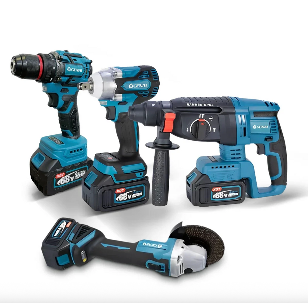 (1 ANO DE GARANTIA) Kit de ferramentas 4 em 1 Furadeira, Chave de fenda/Chave de impacto/Amolador/Martelo 2 baterias de 21 V Caixa - GENAI