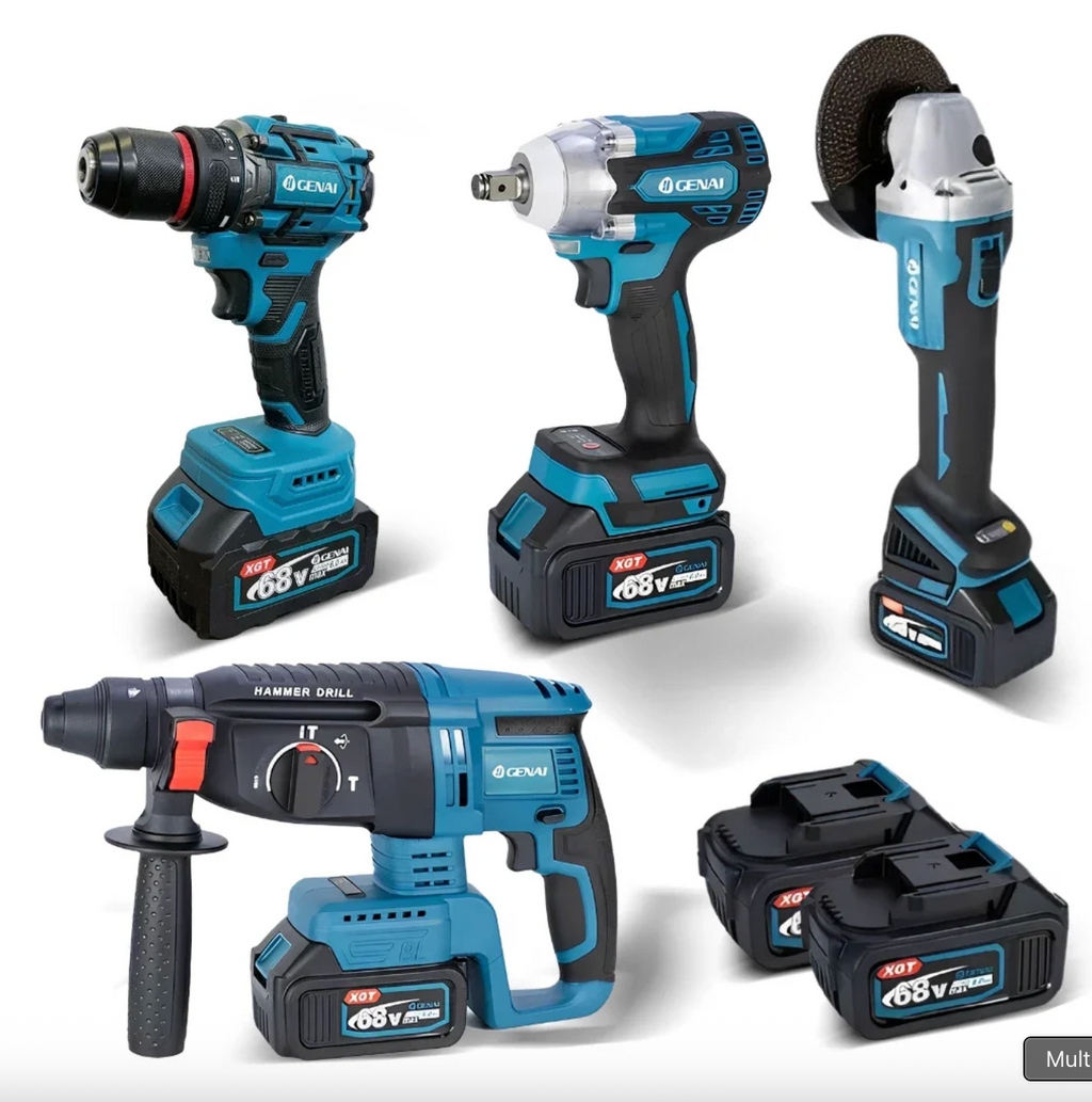 (1 ANO DE GARANTIA) Kit de ferramentas 4 em 1 Furadeira, Chave de fenda/Chave de impacto/Amolador/Martelo 2 baterias de 21 V Caixa - GENAI
