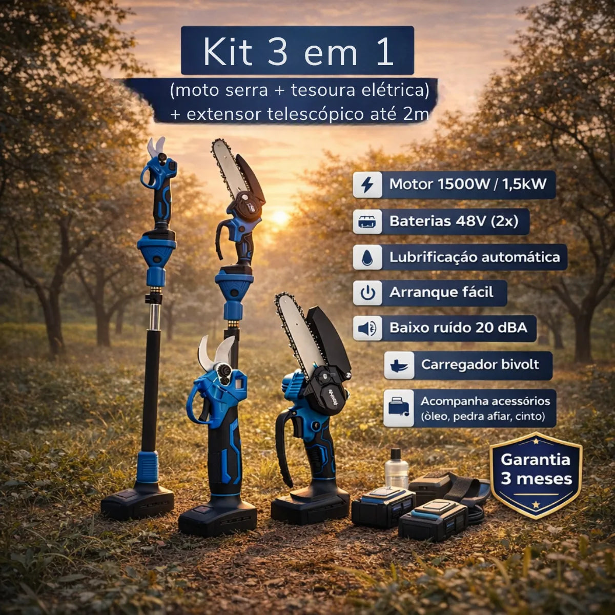 Kit Ferramentas Poda 3 Em 1 Motosserra Tesoura Extensor 48v Azul + Kit Proteção - ÚLTIMAS UNIDADES