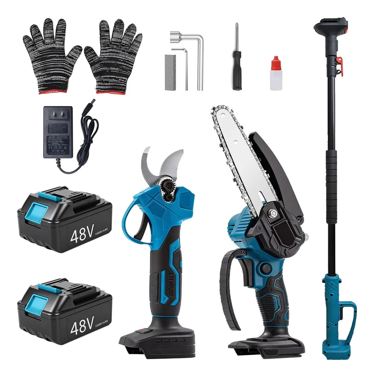 Kit Ferramentas Poda 3 Em 1 Motosserra Tesoura Extensor 48v Azul + Kit Proteção - ÚLTIMAS UNIDADES