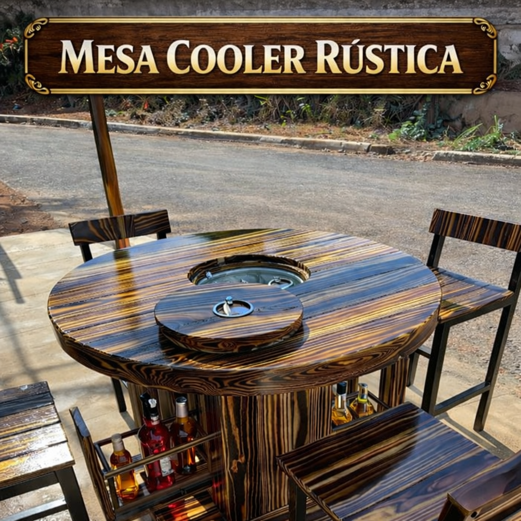 Mesa Cooler Rústica Peça Artesanal - Feita a Mão com Cooler Central Integrado